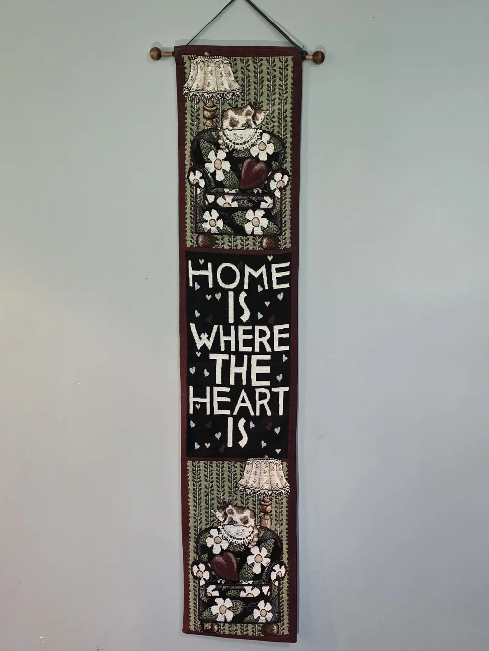 Heart & Cat Vertical Wall Tapestry - Green/Black